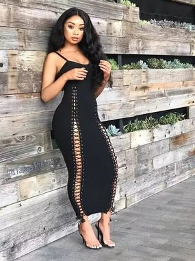 NWT Blush Mark Black Lace-Up Bodycon Maxi Dress Size S Ribbed Stretch Party Club
